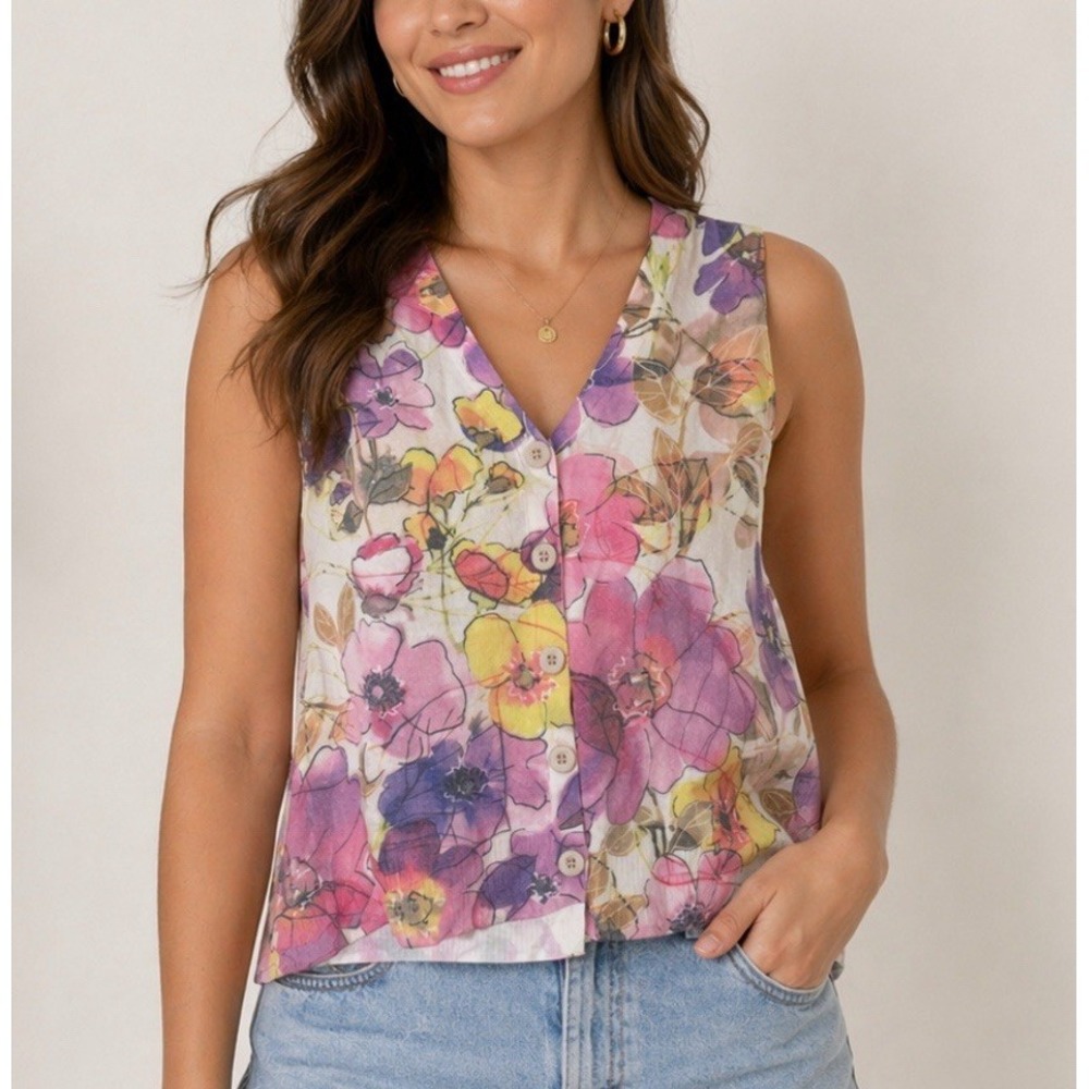 Sioni Pink Floral Button Knit Sleeveless Top M Cottagecore Art‎ To Wear Vibrant